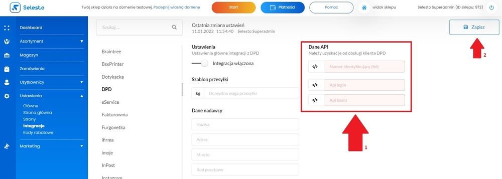 wprowadź dane API DPD