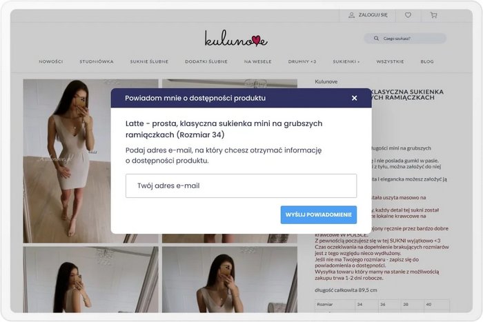 Zrzut ekranu prezentujący okno z możliwością zapisu na powiadomienie o dostępności produktu