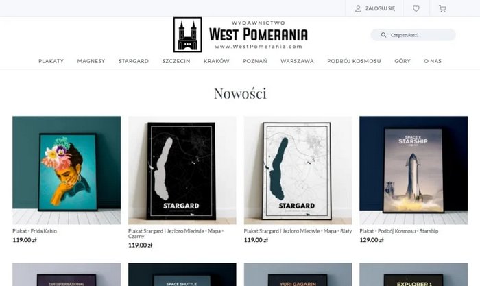Zrzut ekranu pokazujący grupę produktów oznaczonych jako nowości