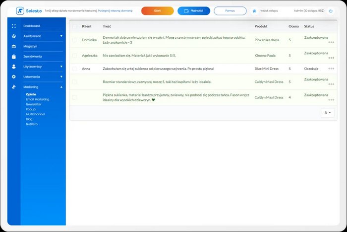 Screen z systemu pokazujący zarządzanie opiniami od strony administratora