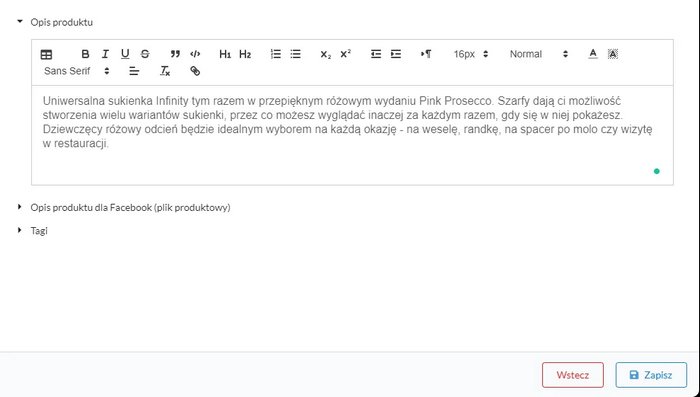 Screen z systemu pokazujący edytor tekstowy opisu