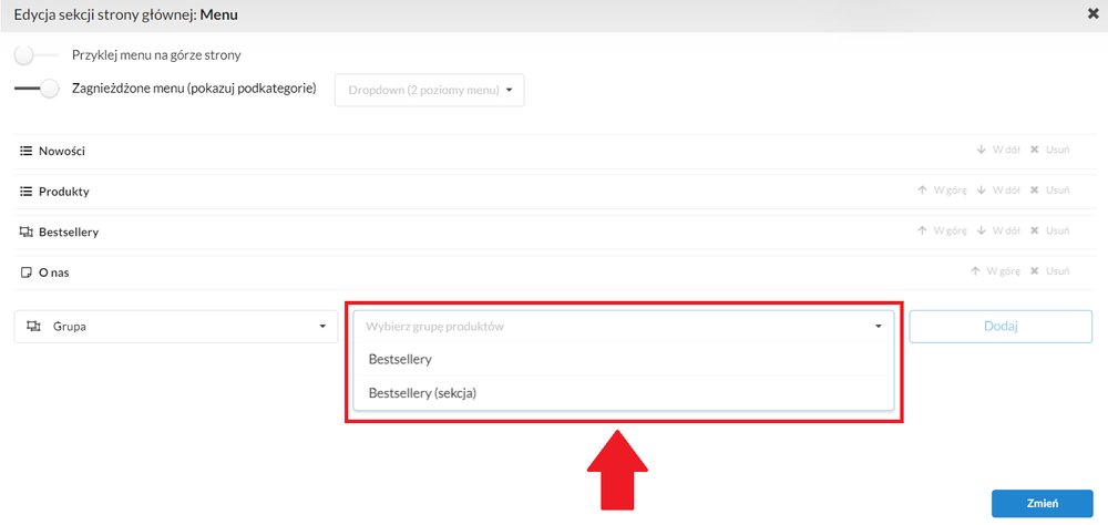 wybierz grupę produktów do menu