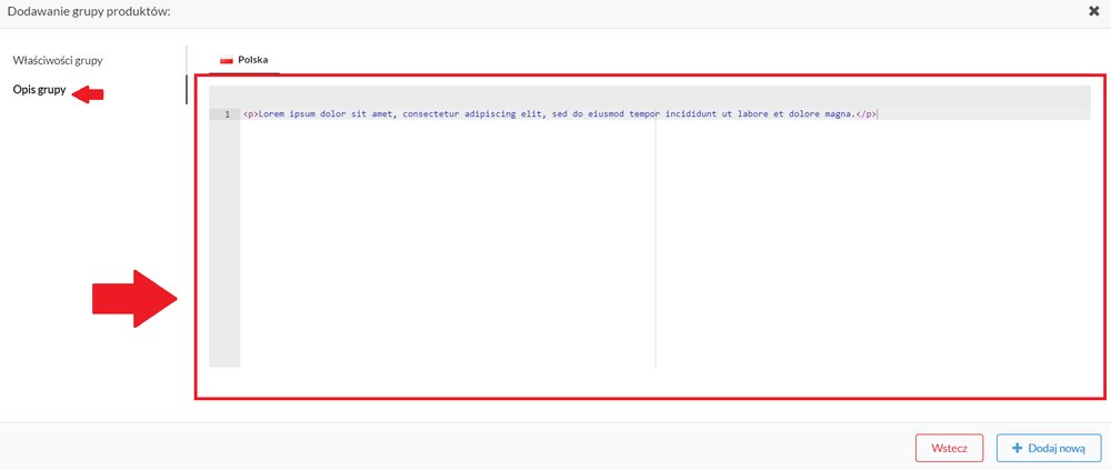 widok edytora html dla opisu grupy