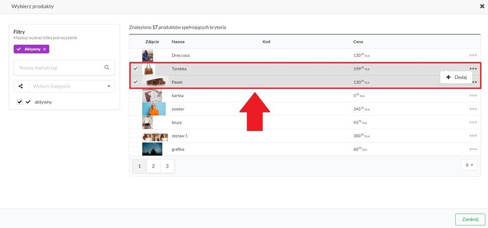 wybór z listy produktów do zestawu