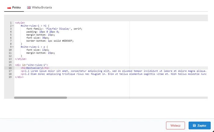 Screen z systemu pokazujący edytor HTML opisu