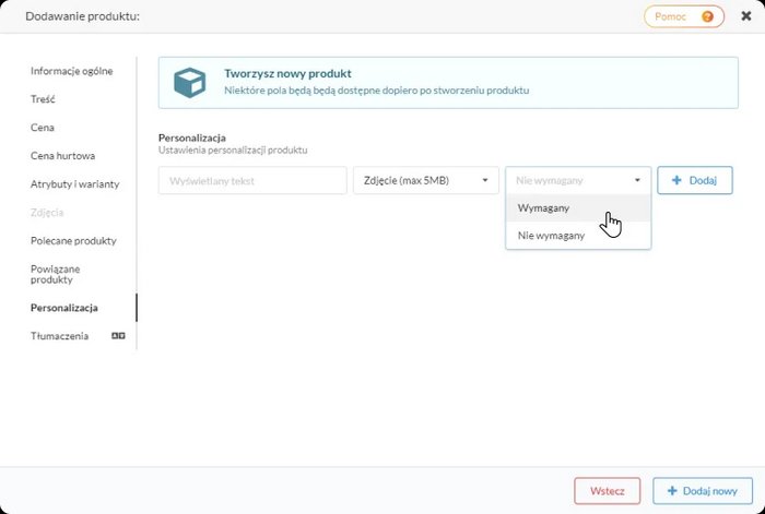 Zrzut ekranu pokazujący konfigurację produktu parametryzowanego
