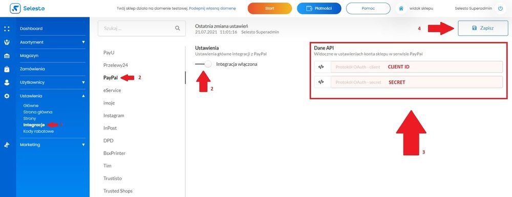włącz integracje paypal w selesto
