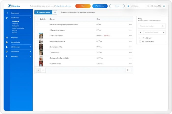 Zrzut ekranu pokazujący panel admina z listą produktów parametryzowanych
