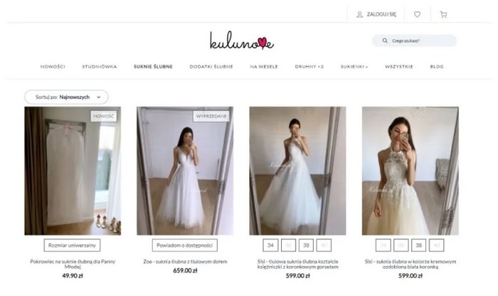 Zrzut ekranu ze sklepu pokazujący warianty sukni