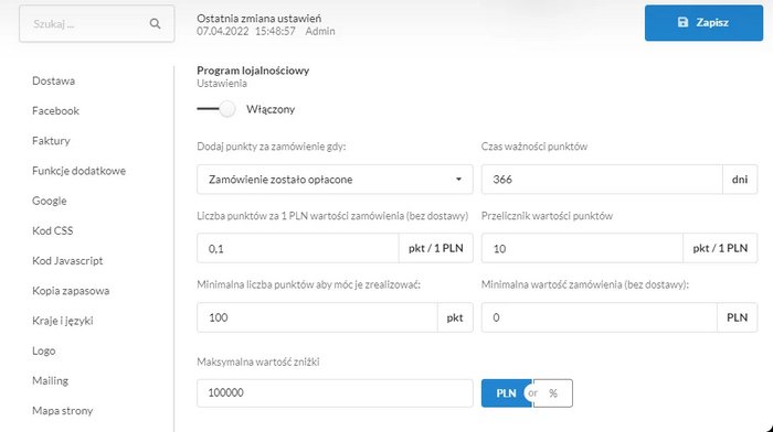 Widok okna konfiguracji programu lojalnościowego w panelu administracyjnym Selesto
