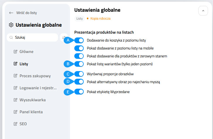 Wygląd Selesto - CMS - Ustawienia globalne - Listy