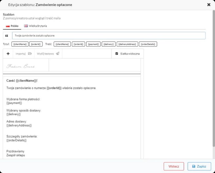 Edytor powiadomień mailowych w panelu Selesto