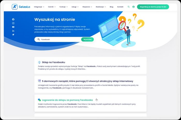 Zrzut ekranu pokazujący wyniki globalnej wyszukiwarki na stronie Selesto