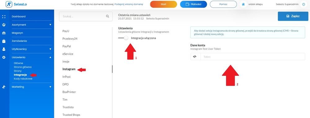 włącz integracje instagram w selesto