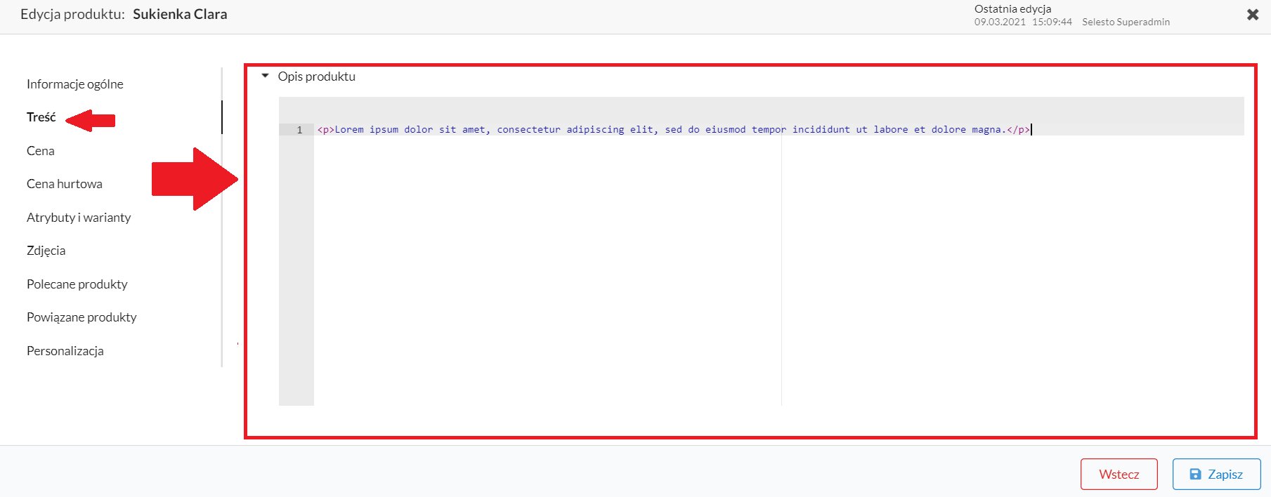 okno edytora html opisu produktu