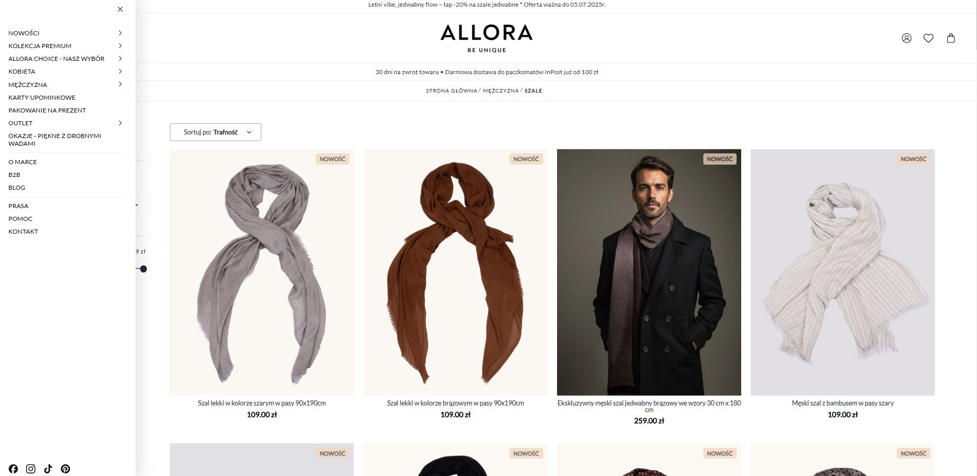 Wysuwane z lewej strony menu w sklepie ALLORA