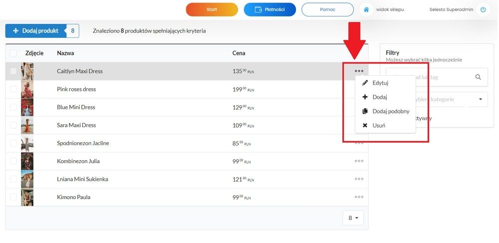 edycja produktu menu