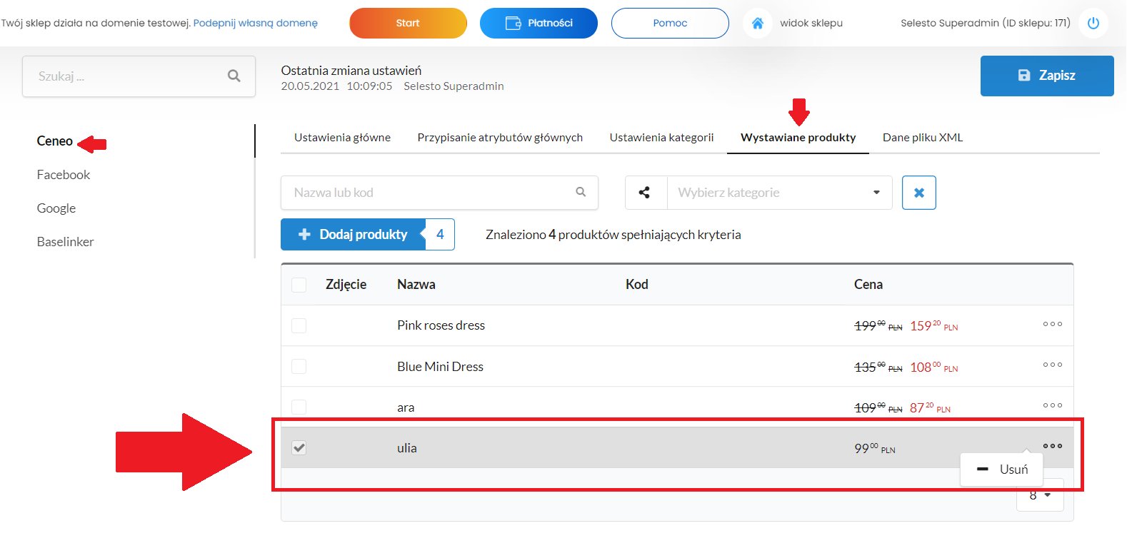 lista dodanych produktów do ceneo