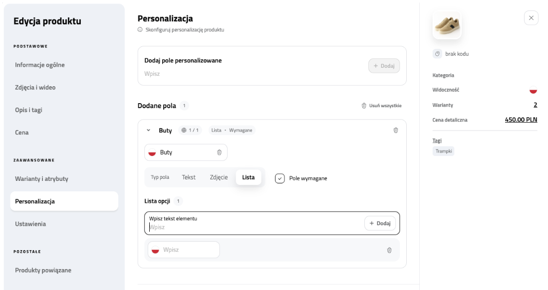 Dodawanie pól personalizowanych do produktu