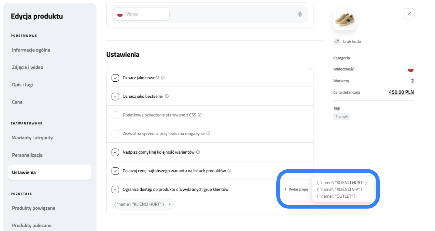 Ustawienia dodatkowe w produkcie