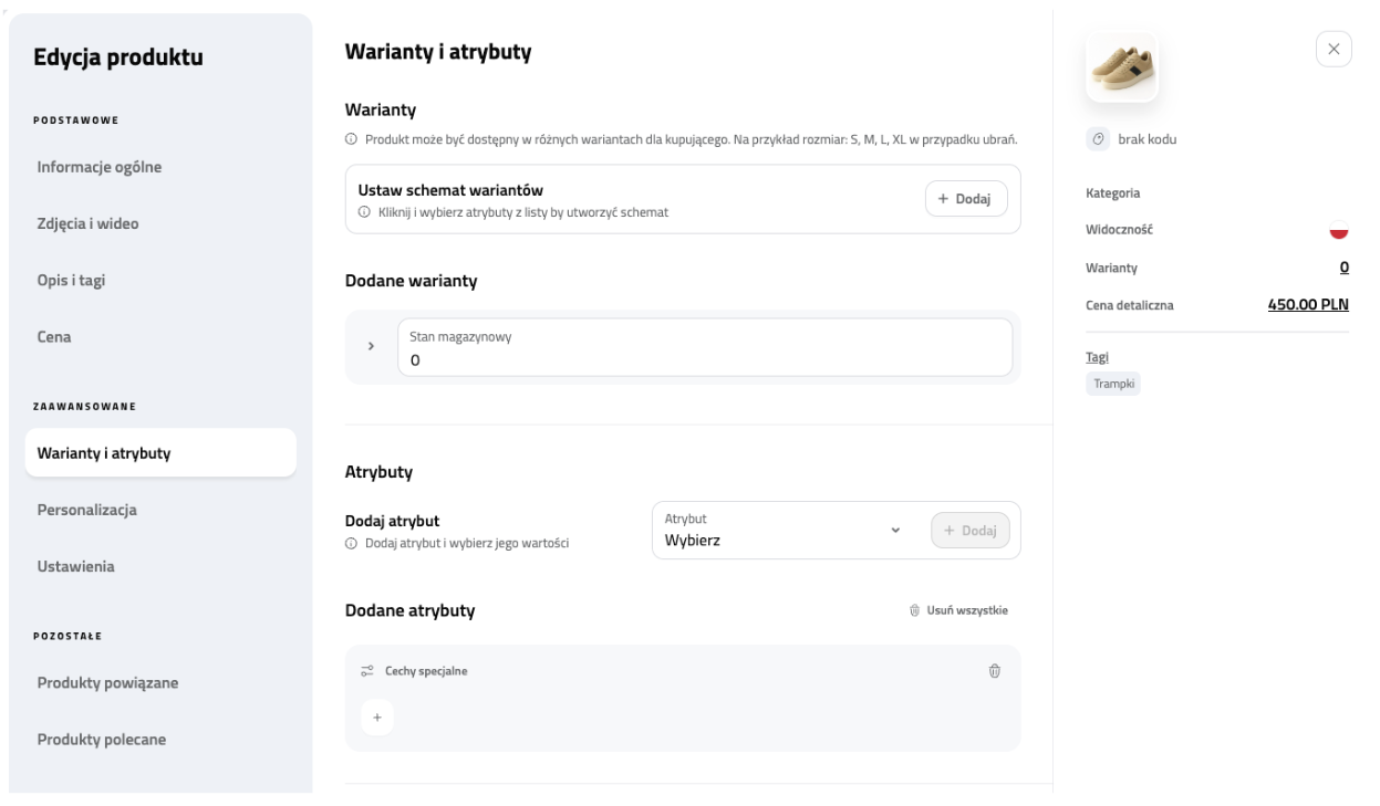 Lista wariantów i atrybutów