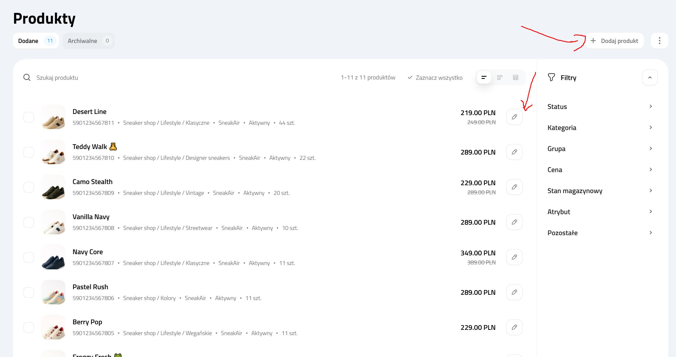 Edycja / dodawanie z ekranu listy produktów