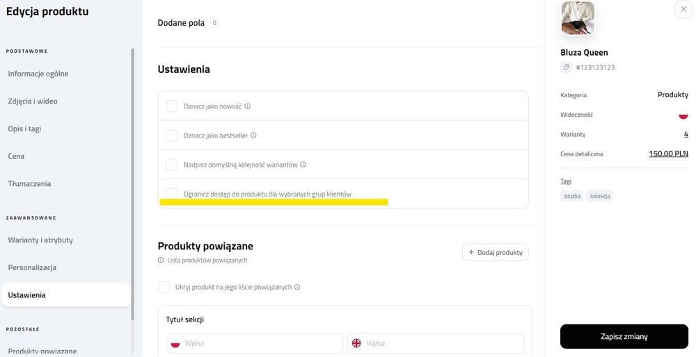 ustawienia produktu dla grupy klientów