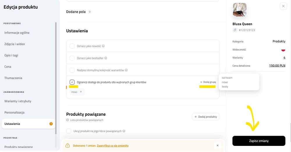 zapisz zmiany w produkcie