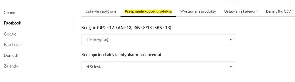 przypisanie kodów produktu
