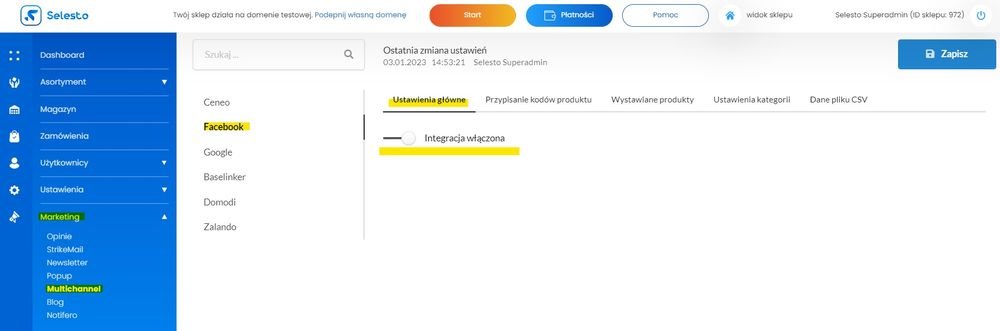 włączenie integracji z Sklep Faceobook