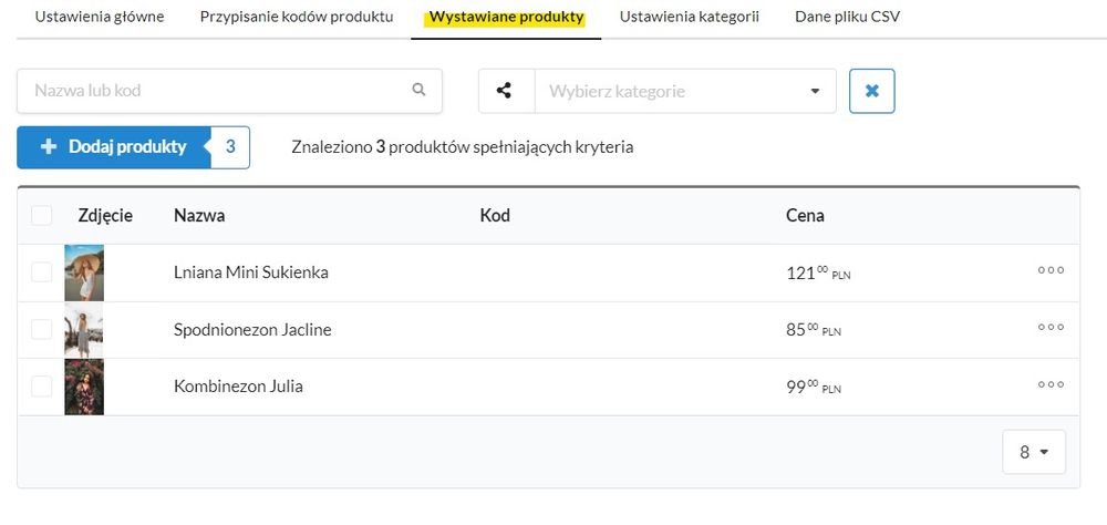 lista wybranych produktów