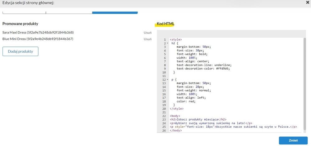 opis produktu za pomocą html