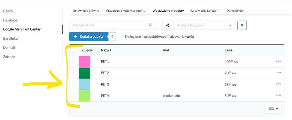 lista wybranych produktów