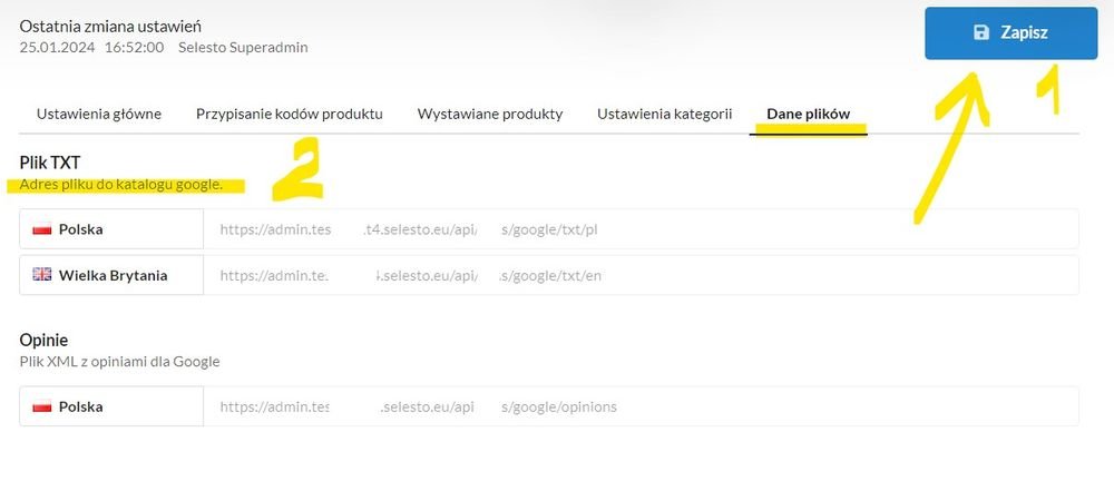 zapis zmian i link z plikiem danych
