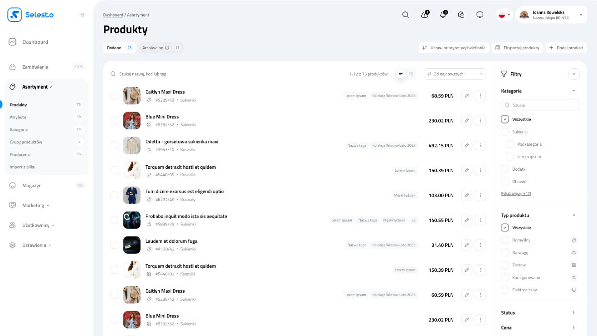 Lista produktów w panelu administracyjny selesto