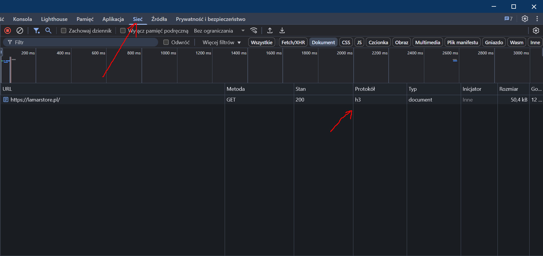 Dev Tools sprawdzanie HTTP3