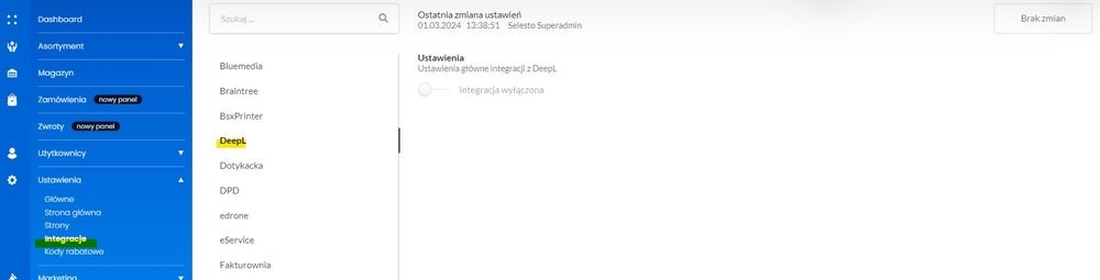 ustawienia integracji deepl