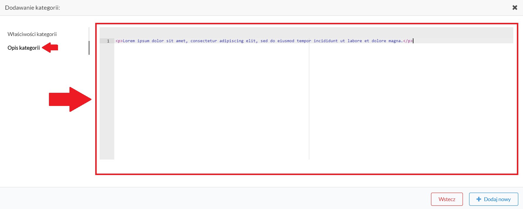 widok okna html do wprowadzania opisu kategorii