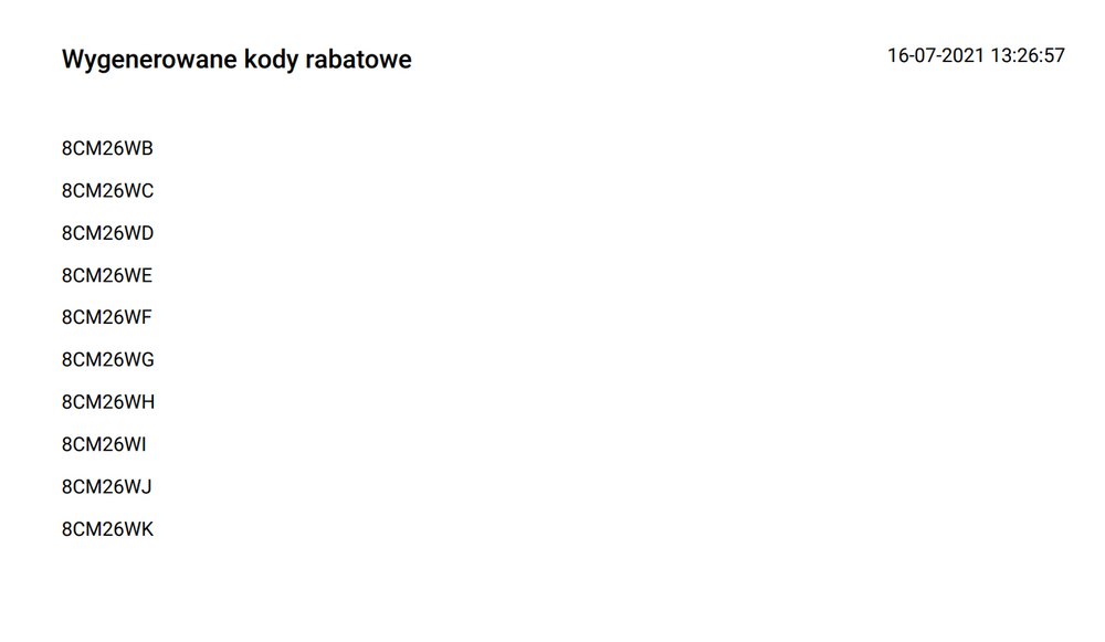 lista wygenerowanych kodów rabatowych