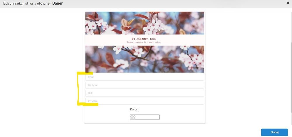 ekran wprowadzania informacji na banerze