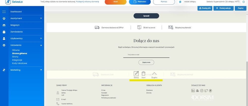 edycja sekcji na stronie głównej