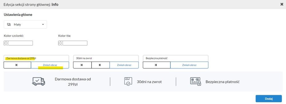edycja tekstu i ikon w sekcji info