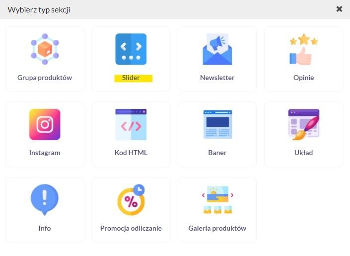 wybierz sekcję slider z biblioteki