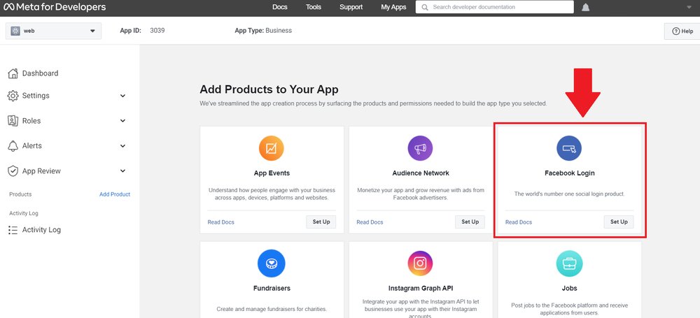 utwórz aplikację Facebook Login