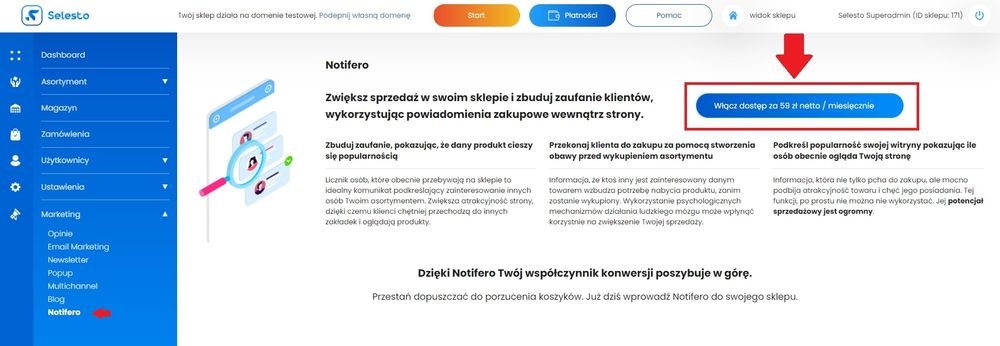 włączenie Notifero