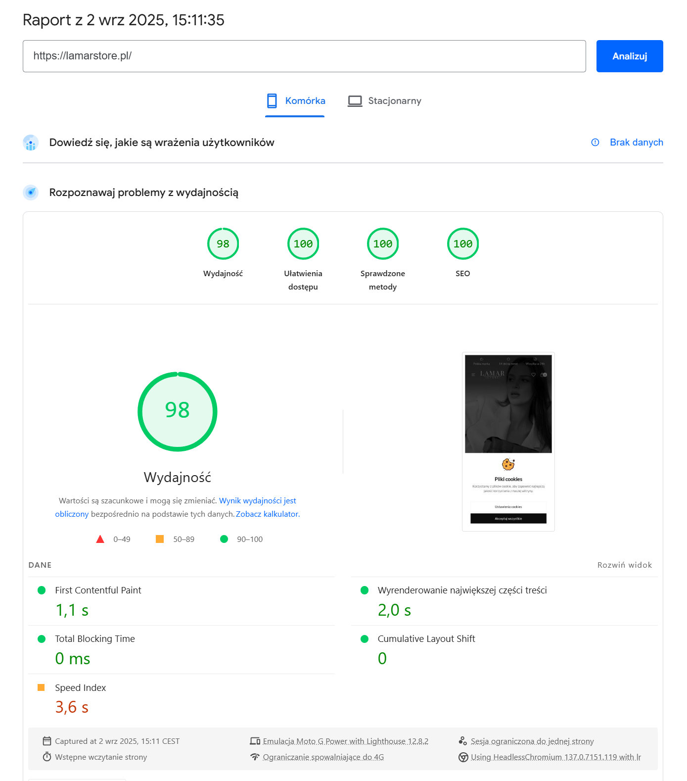 Wynik testu PageSpeed lamarstore.pl
