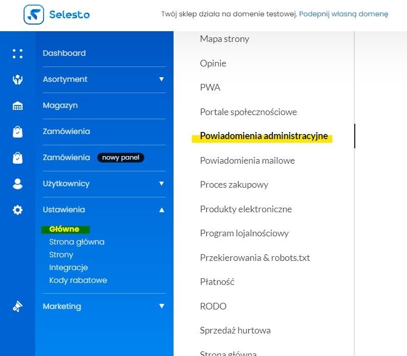 powiadomienia administracyjne w menu