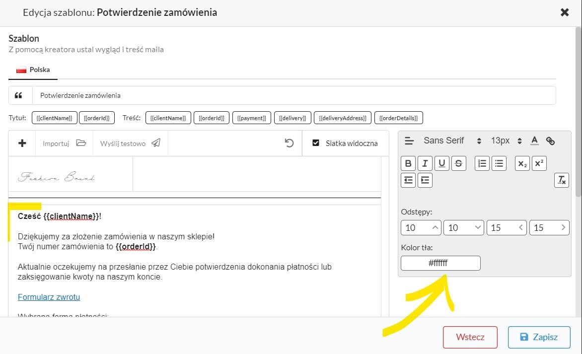 edycja sekcji w powiadomieniu mailowym