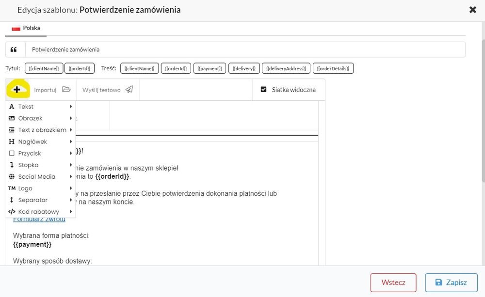 możliwe akcje podczas edycji szablonu