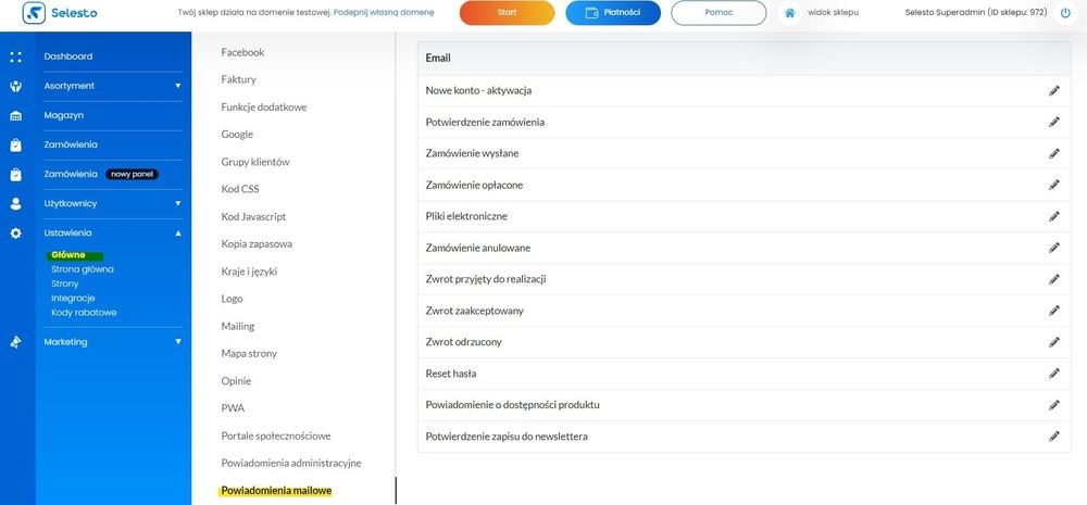 lista powiadomień mailowych